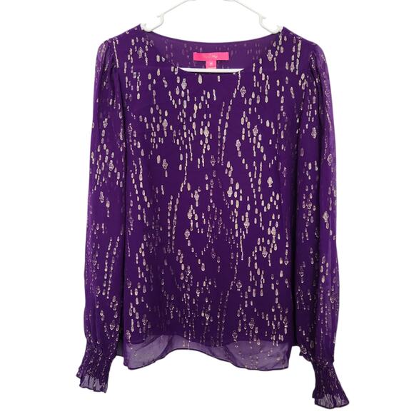Lilly Pilitzer Idina Silk Top M Purple Party Resortwear Metallic Shimmer - Picture 1 of 7